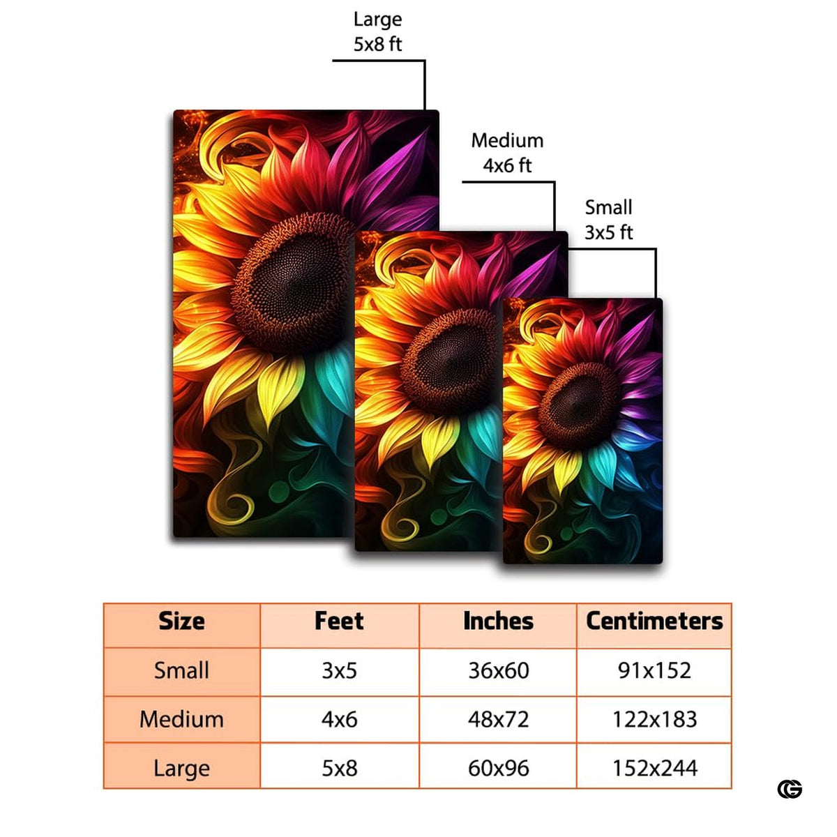 Dimensions and sizing chart for rainbow spectrum sunflower area rug - image 2 of 7