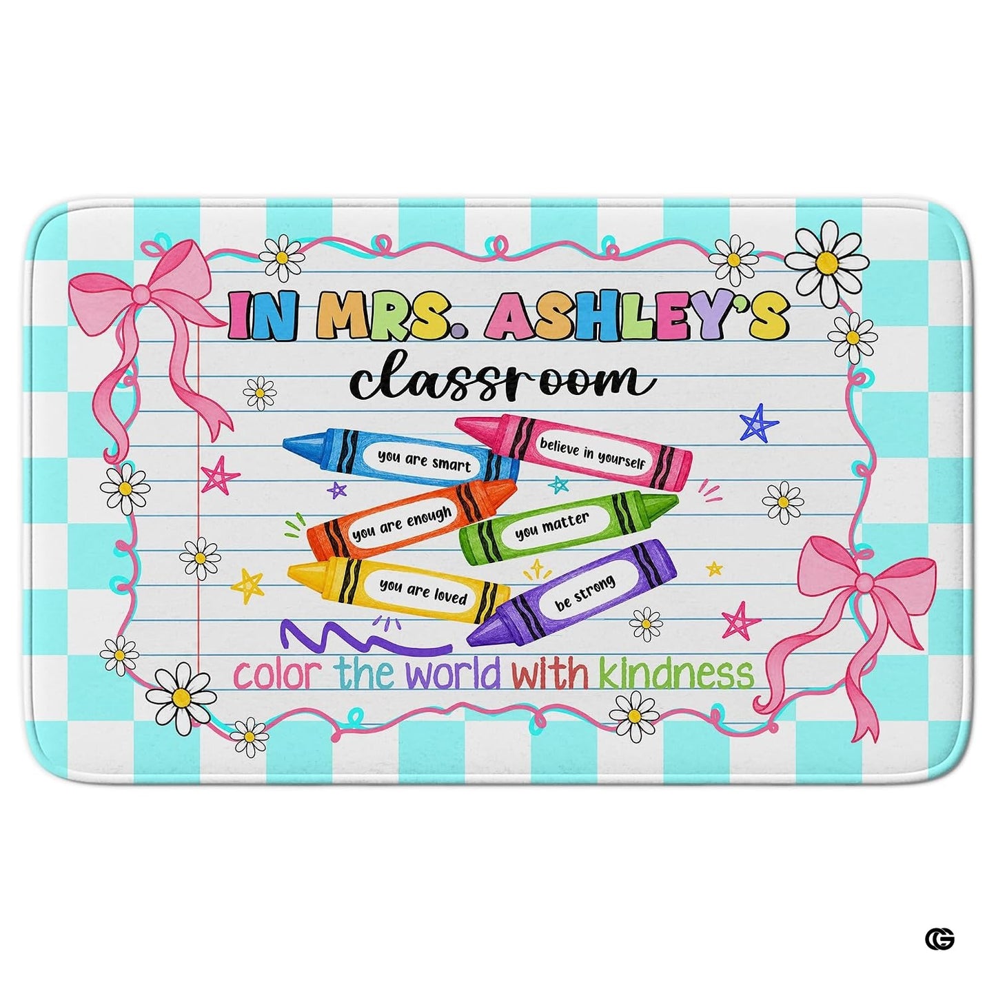 Personalized Teacher Classroom Rug, Custom Back to School Welcome Mat with Name, Kindergarten Preschool Elementary Decor, Composition Notebook Carpet (A06)