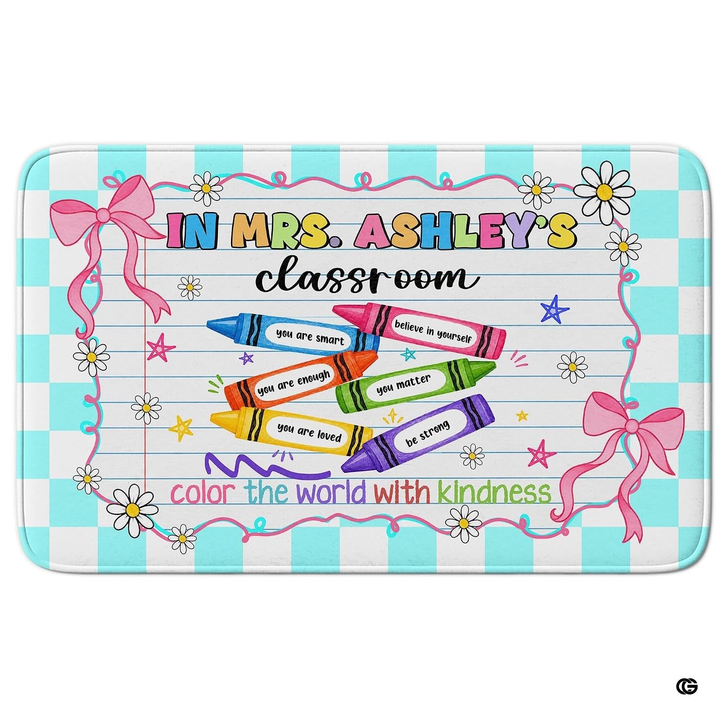 Personalized Teacher Classroom Rug, Custom Back to School Welcome Mat with Name, Kindergarten Preschool Elementary Decor, Composition Notebook Carpet (A06)