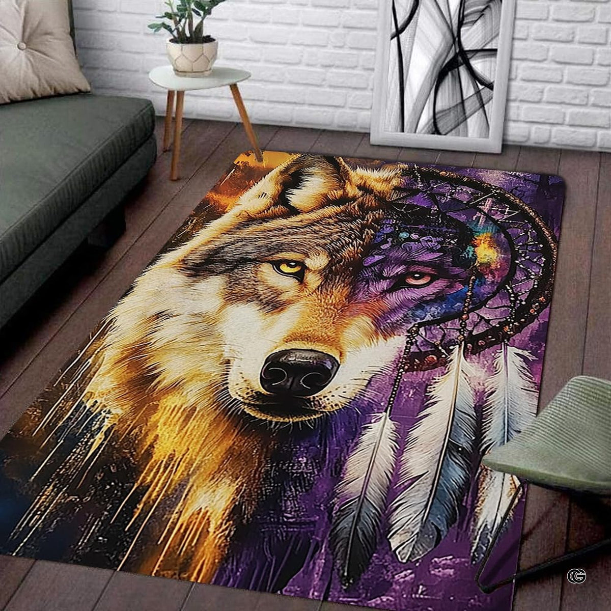 Celestial wolf dreamcatcher area rug showcasing amber and violet portrait artwork on wood flooring. - image 1 of 7