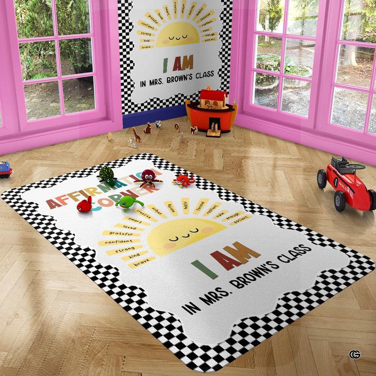 Overhead view of happy sun face graphic rug showcasing sunny yellow rays and motivational visual phrases.