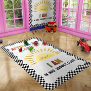 Overhead view of happy sun face graphic rug showcasing sunny yellow rays and motivational visual phrases. - thumbnail image 4 of 7