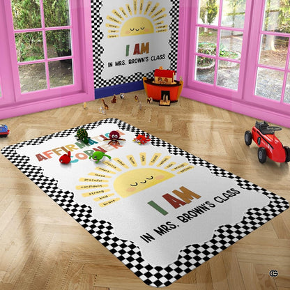 Overhead view of happy sun face graphic rug showcasing sunny yellow rays and motivational visual phrases. - thumbnail image 4 of 7