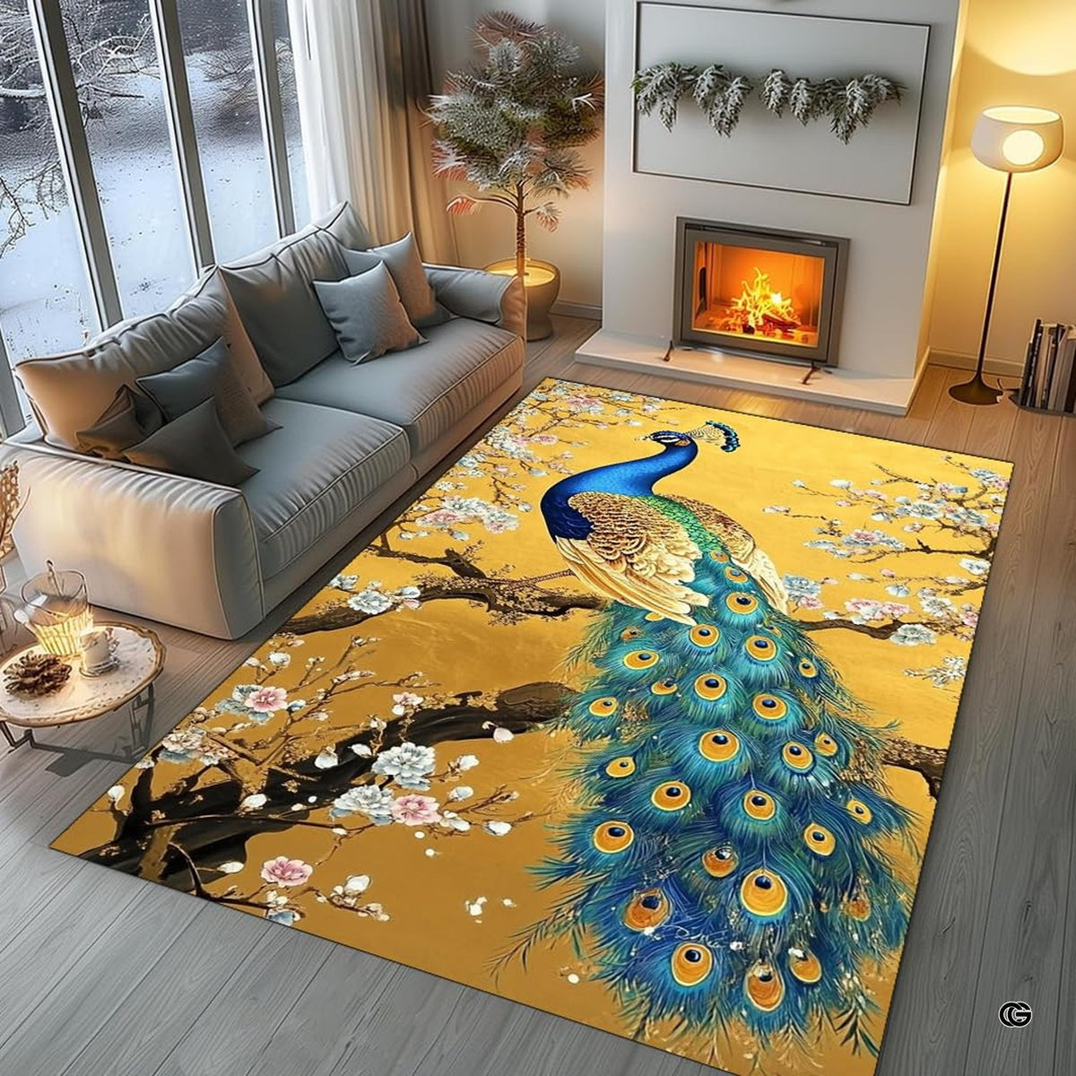 Peacock oriental rug styled in an elegant dining room alongside dark wood furniture. - image 5 of 8