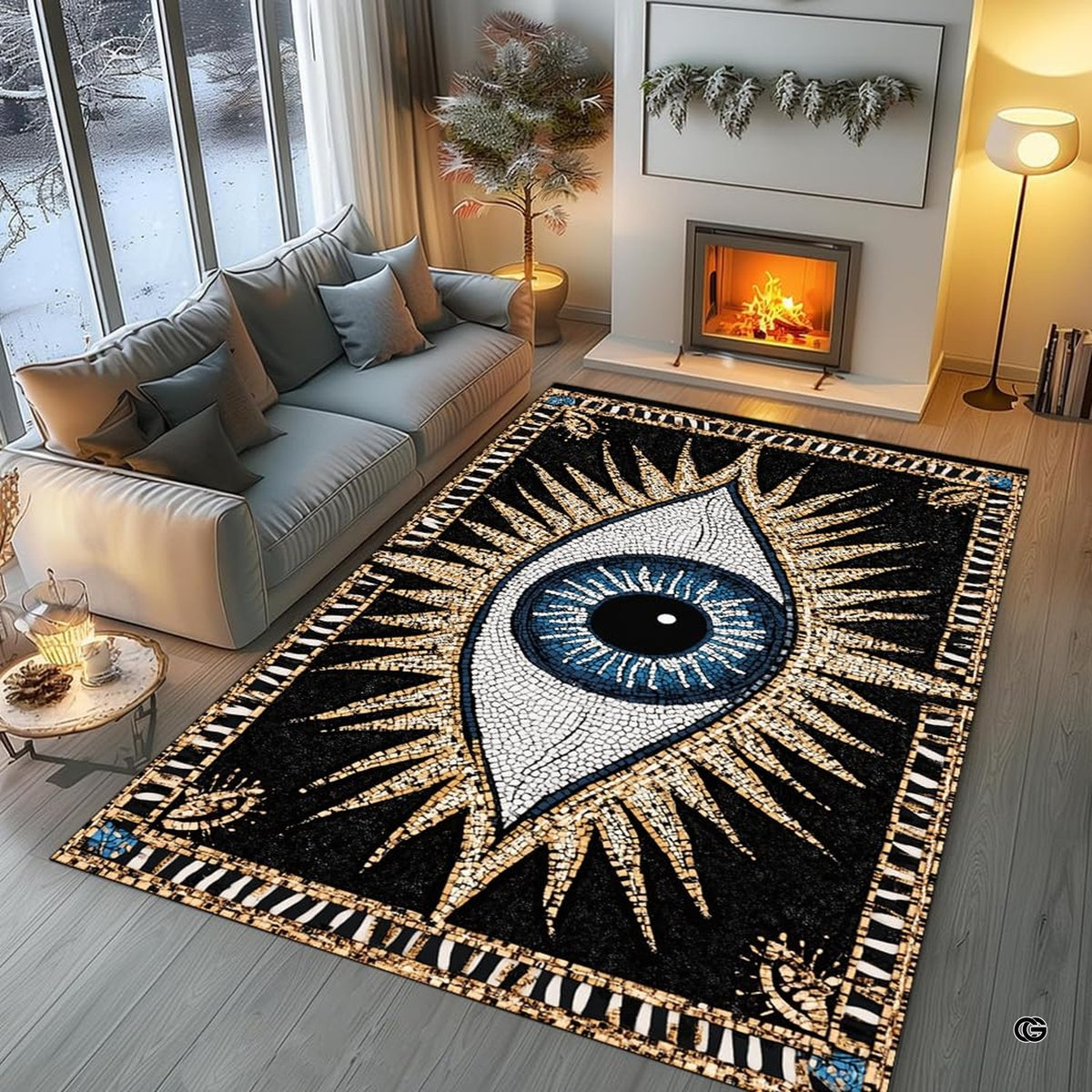 Angle perspective highlighting the striking blue iris and golden motif of the evil eye rug in a modern lounge. - image 5 of 8