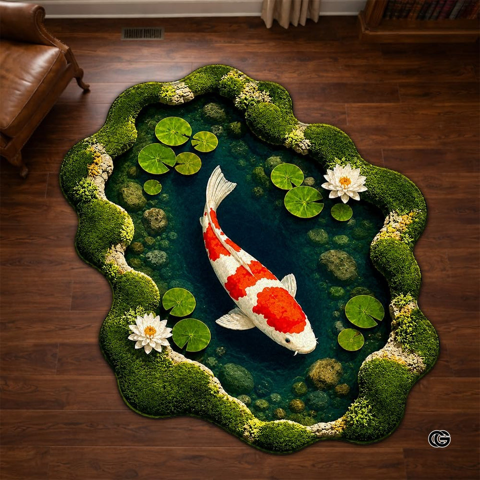 Custom Japanese Koi Fish Shaped Area Rug, Personalized 3D Optical Illusion Koi Pond Lotus Non Slip Washable Shaped Floor Mat, Fish Pond Rugs for Bedroom Living Room Decor (1, D1)