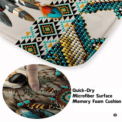 Close-up view of the soft microfiber surface, wolf fur, and turquoise gemstone jewelry - thumbnail image 3 of 7