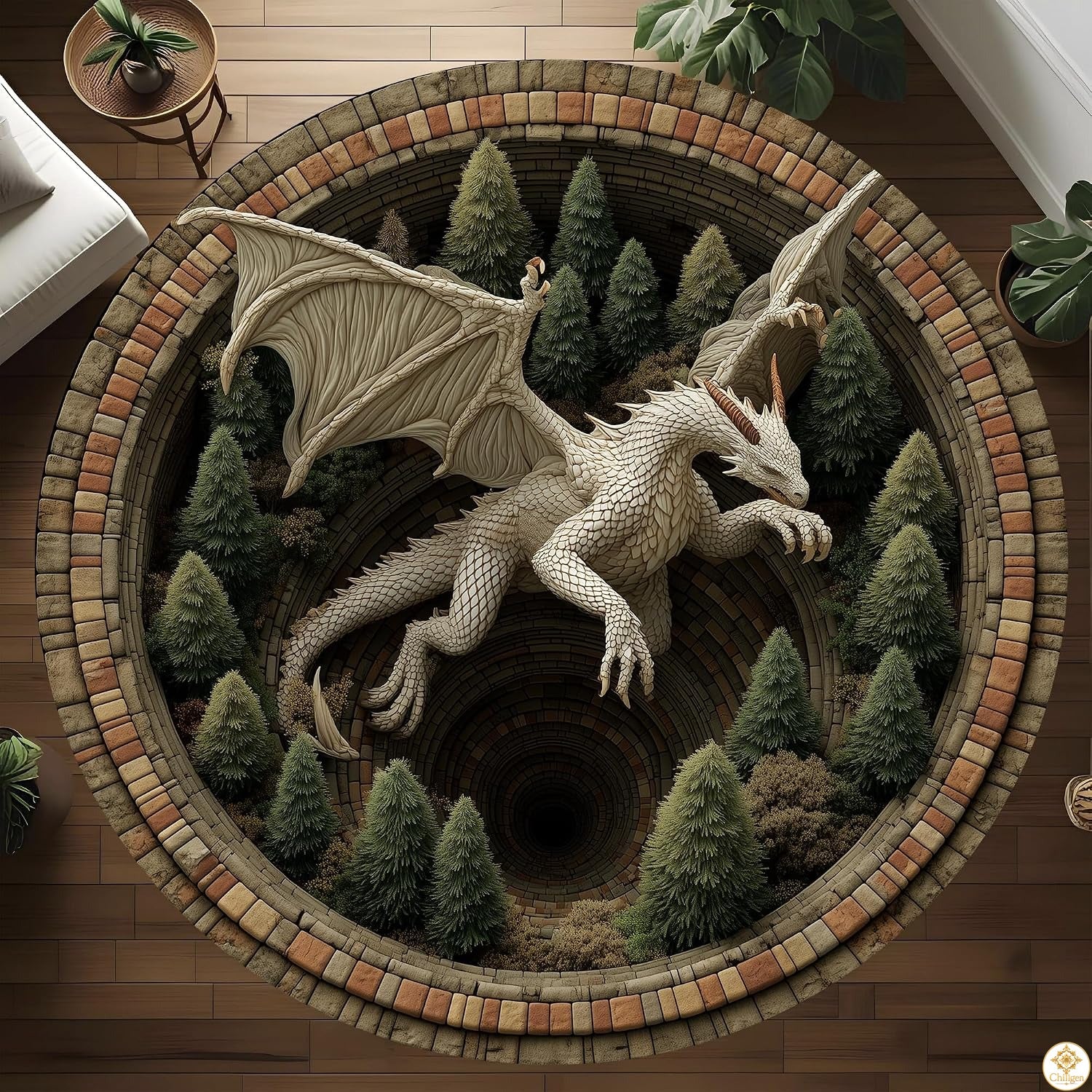 Personalized Dragon Round Rug with 3D Effect and Non-Slip Back