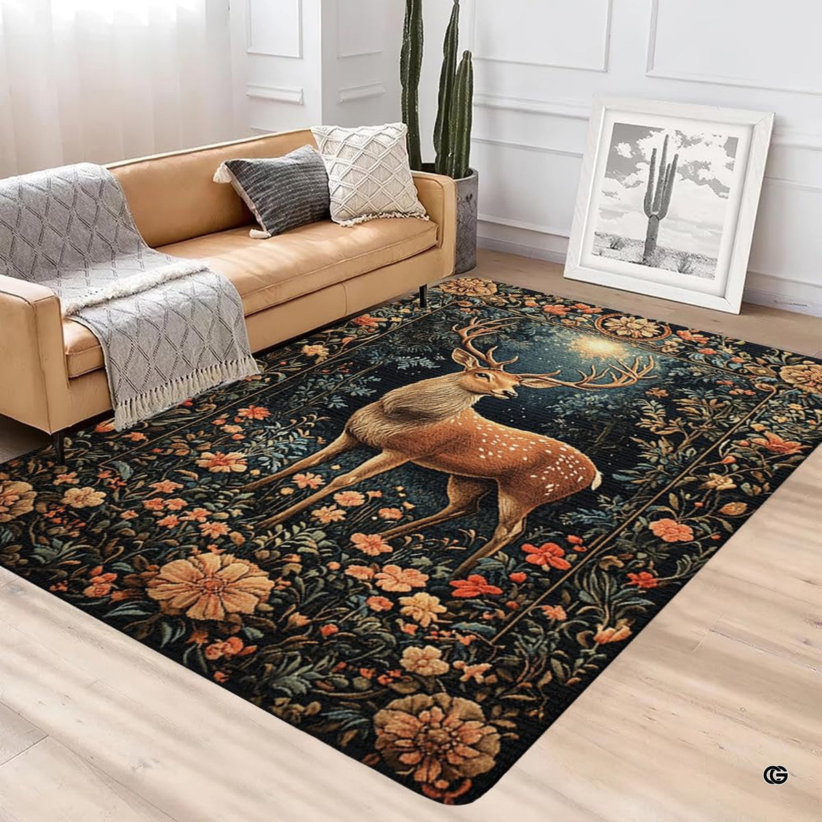 Woodland deer rug styled in a modern living space with wooden decor and rich navy botanical accents.