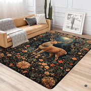 Woodland deer rug styled in a modern living space with wooden decor and rich navy botanical accents. - thumbnail image 3 of 5