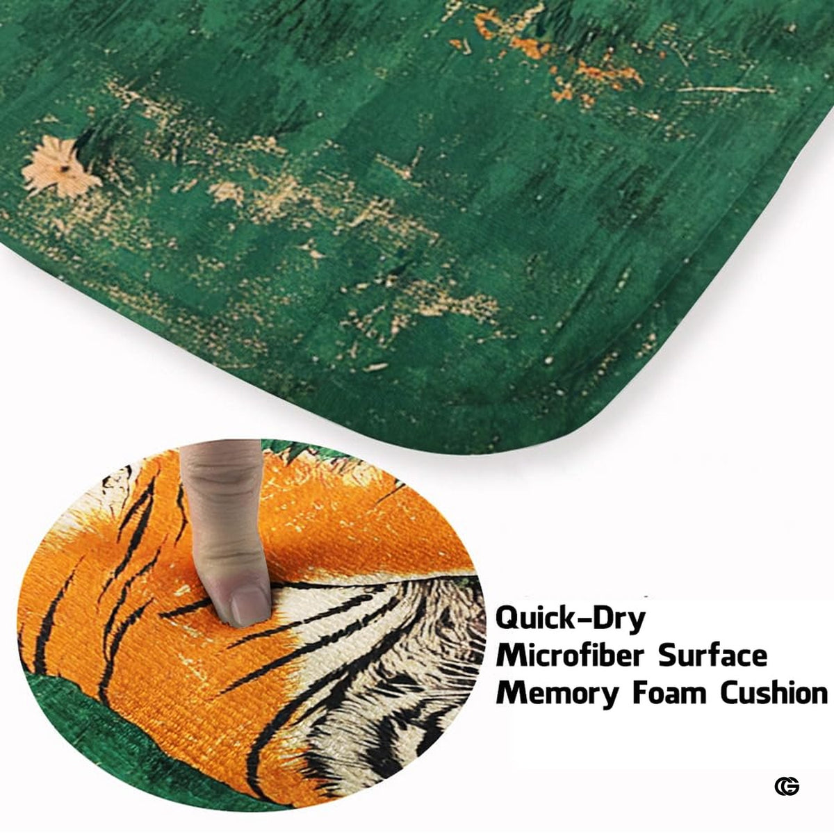 Soft low-pile microfiber fabric and foam cushioning detail of resting tiger rug