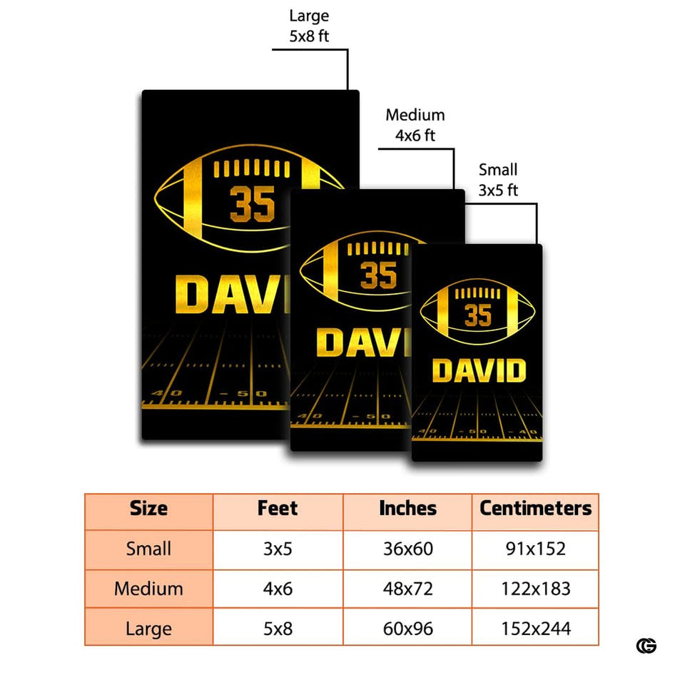 Size dimension chart showing small 3x5 ft, medium 4x6 ft, and large 5x8 ft options for gold football rug.