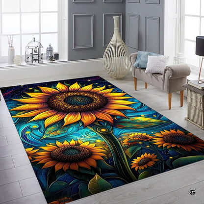 Bedroom layout showing the vibrant sunflower floral rug near wooden furnishings - thumbnail image 6 of 8