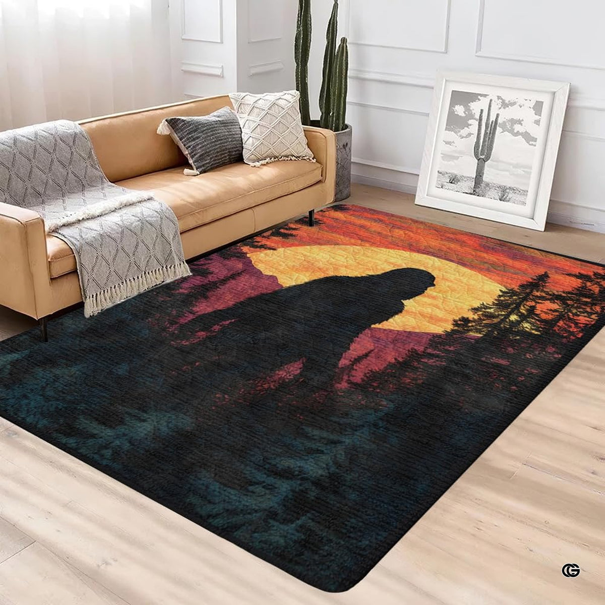 Styled nursery room decor featuring Bigfoot pine forest area rug beneath modern wood play furniture. - image 4 of 5