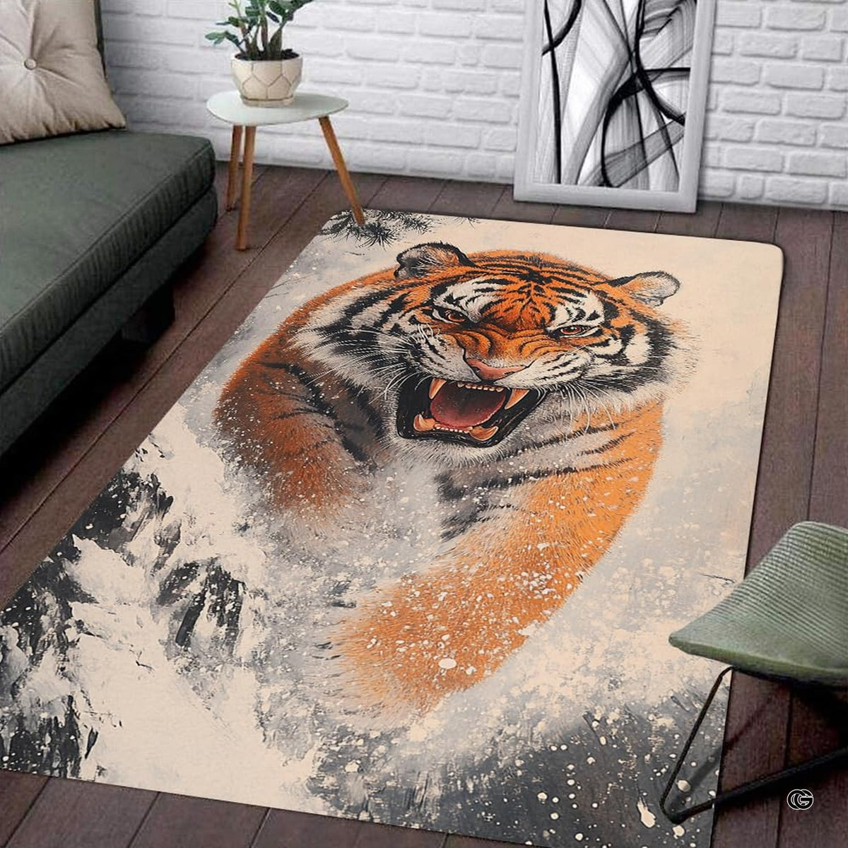 Winter snow charging tiger living room area rug in front of a modern couch - image 1 of 7