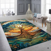 Lifestyle mockup showing the stained glass tree rug centered on a contemporary wood floor - thumbnail image 8 of 8