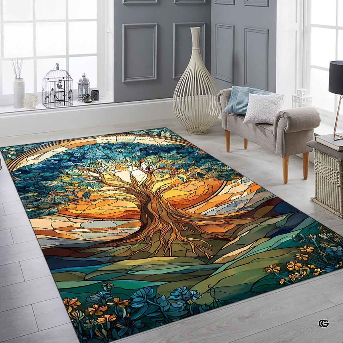 Lifestyle mockup showing the stained glass tree rug centered on a contemporary wood floor - image 8 of 8