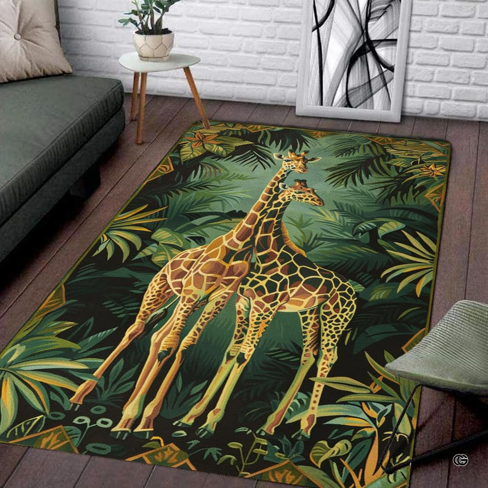Modern living room setting displaying the tropical jungle giraffe area rug