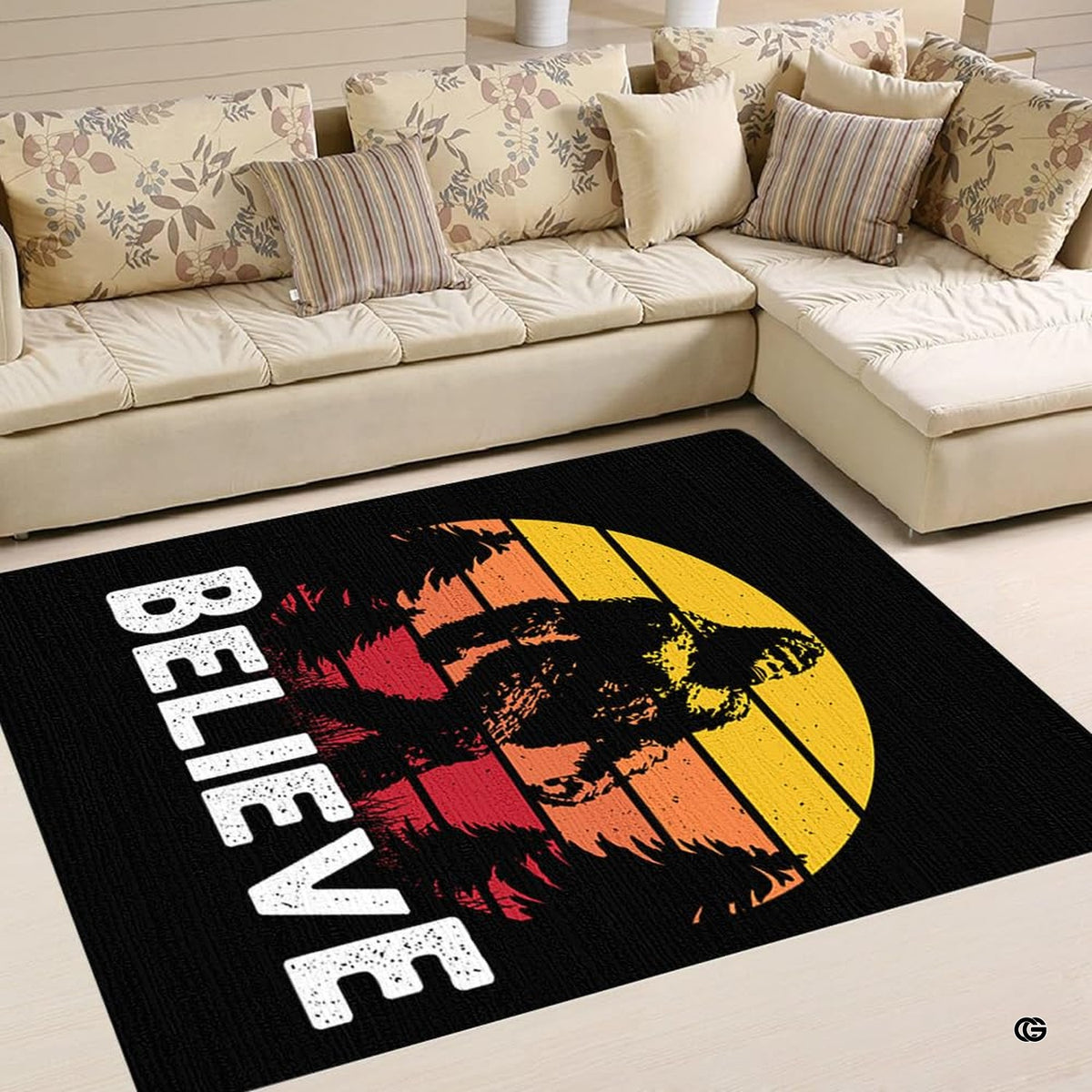 Close-up of distressed graphic print details on a Bigfoot silhouette and pine forest sunset area rug. - image 4 of 5