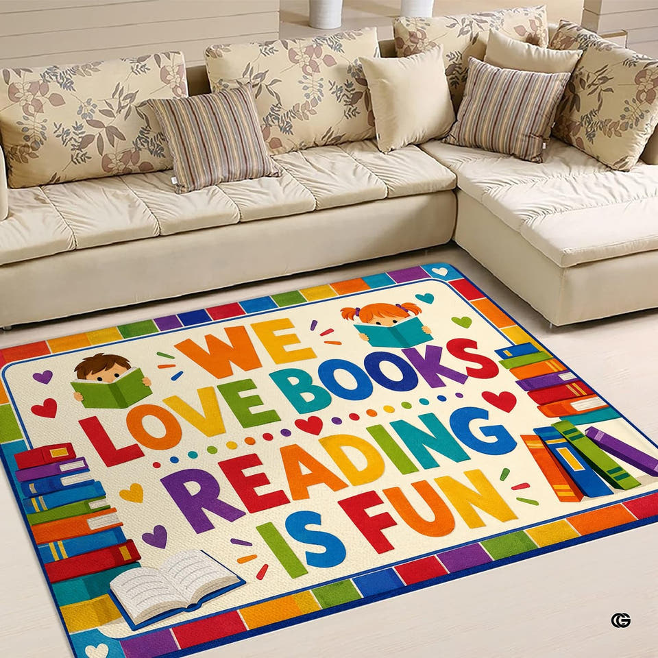 Classroom area rug with colorful alphabet letters and book artwork on cream background.