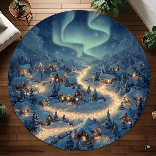 Winter village aurora area rug featuring glowing cabins under green northern lights