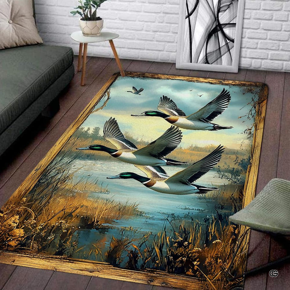 Rustic wood framed flying mallard ducks rectangular area rug displayed on dark wood living room flooring.