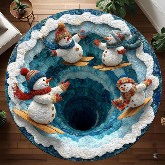 Round skiing snowman rug with deep blue ice tunnel illusion