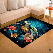 Overhead layout view of the rectangular bioluminescent sea turtle tropical floral rug - thumbnail image 7 of 7