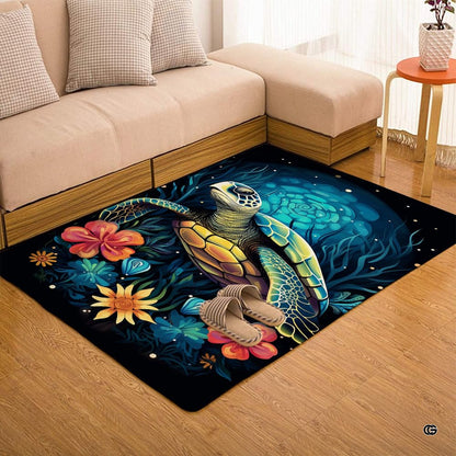 Overhead layout view of the rectangular bioluminescent sea turtle tropical floral rug - thumbnail image 7 of 7