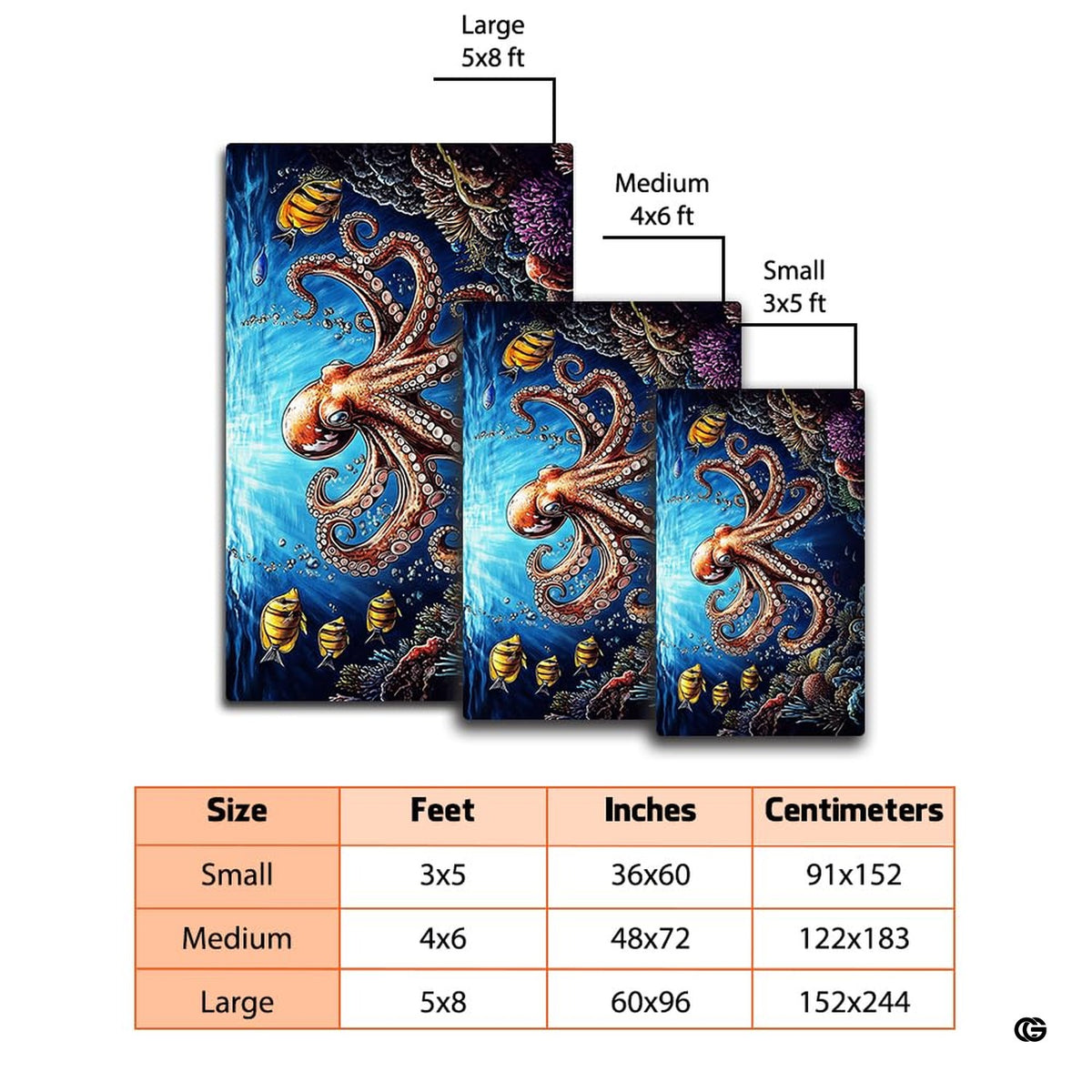 Lifestyle scene featuring family lounging on golden octopus coral reef area rug.