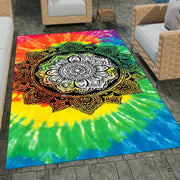 Sacred mandala tie dye rug with rainbow spiral sunburst and black white filigree linework. - thumbnail image 1 of 8