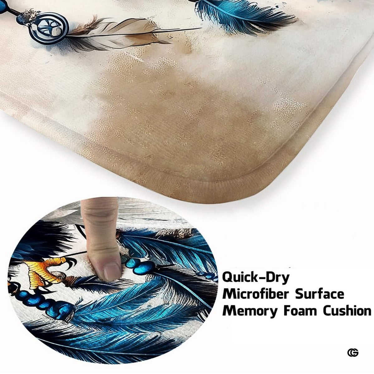 Detailed print view of teal and turquoise dreamcatcher feathers on bald eagle area rug.