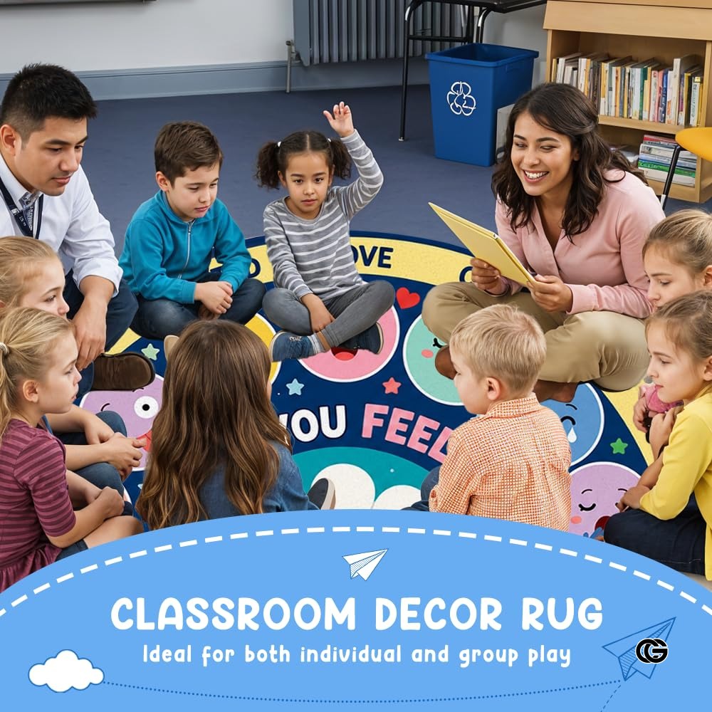 Wheel of Feelings and Emotions Round Rug, Educational Mental Health Rug for Classroom, Educational Animal Shape School Mat, Back to School Gift (Feeling 4)