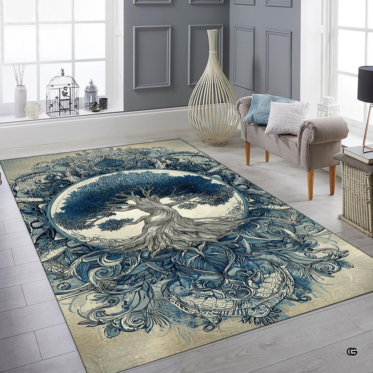 Lifestyle mockup showing the blue Tree of Life rug centered on a contemporary wood floor - image 8 of 8