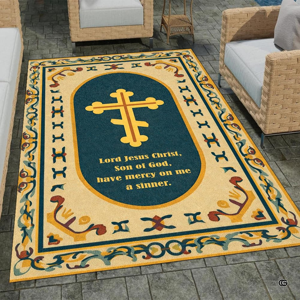 Orthodox prayer rug with gold cross, teal center, and colorful ornamental border