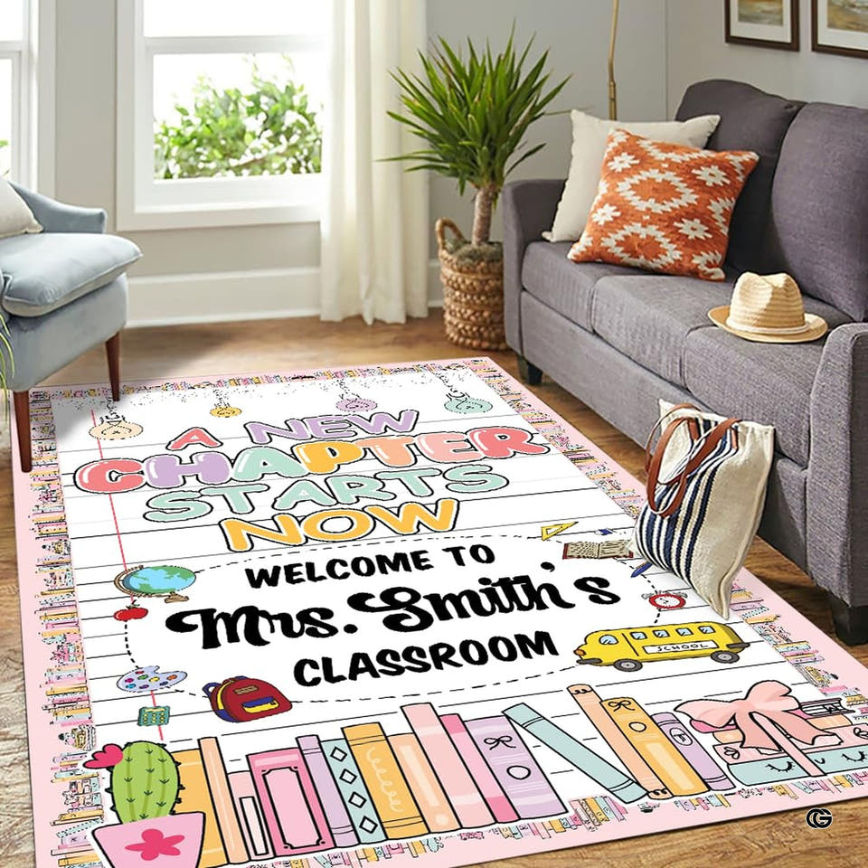 Classroom Area Rug with notebook pattern and school motifs flat layout
