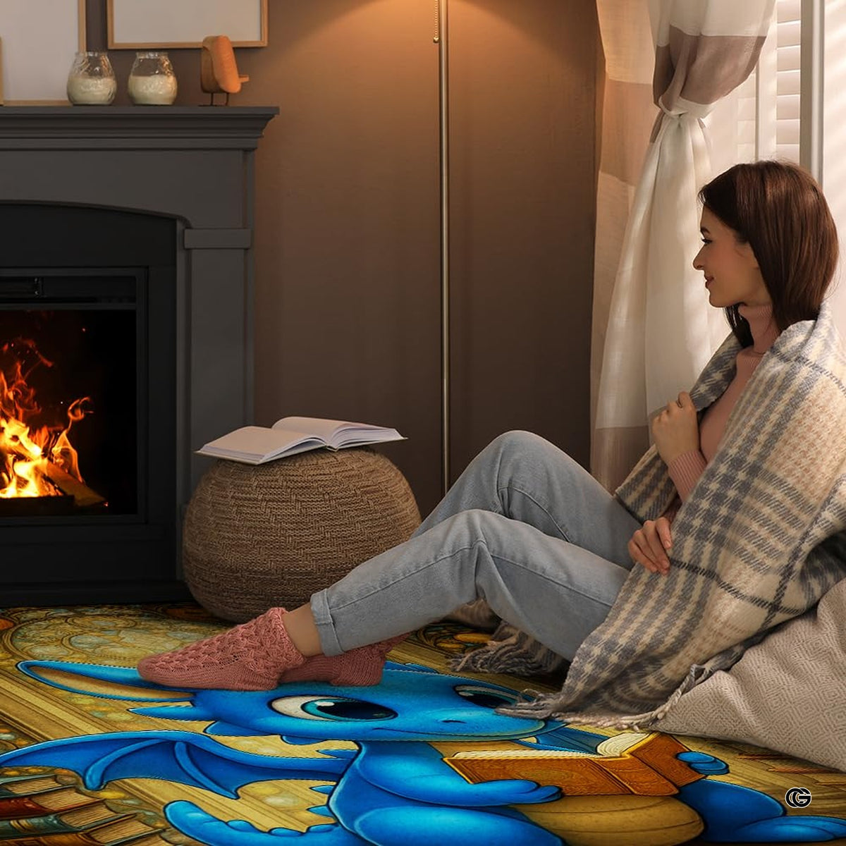 Adorable cute chibi blue baby dragon reading an open book seated on stacks of library books area rug.