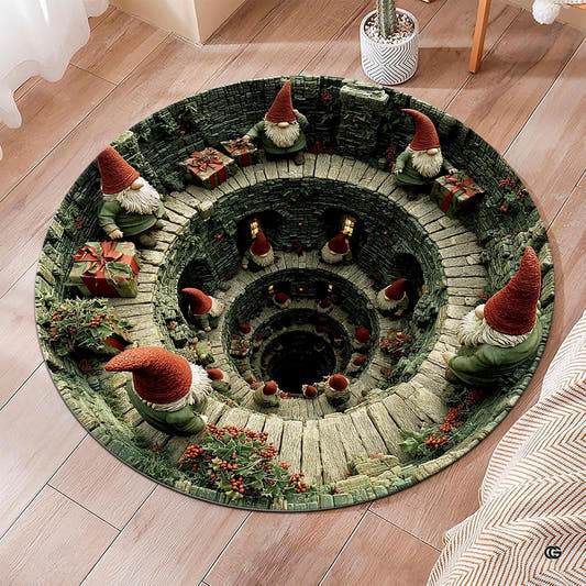 Holiday gnomes deep stone well optical illusion circular area rug in top overhead view