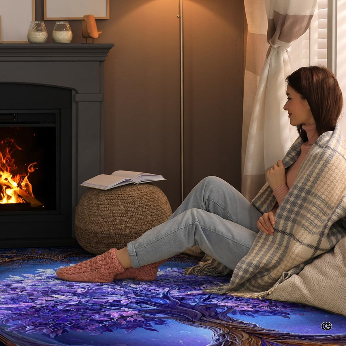 Modern living room setting displaying the glowing Tree of Life fantasy area rug - image 2 of 8