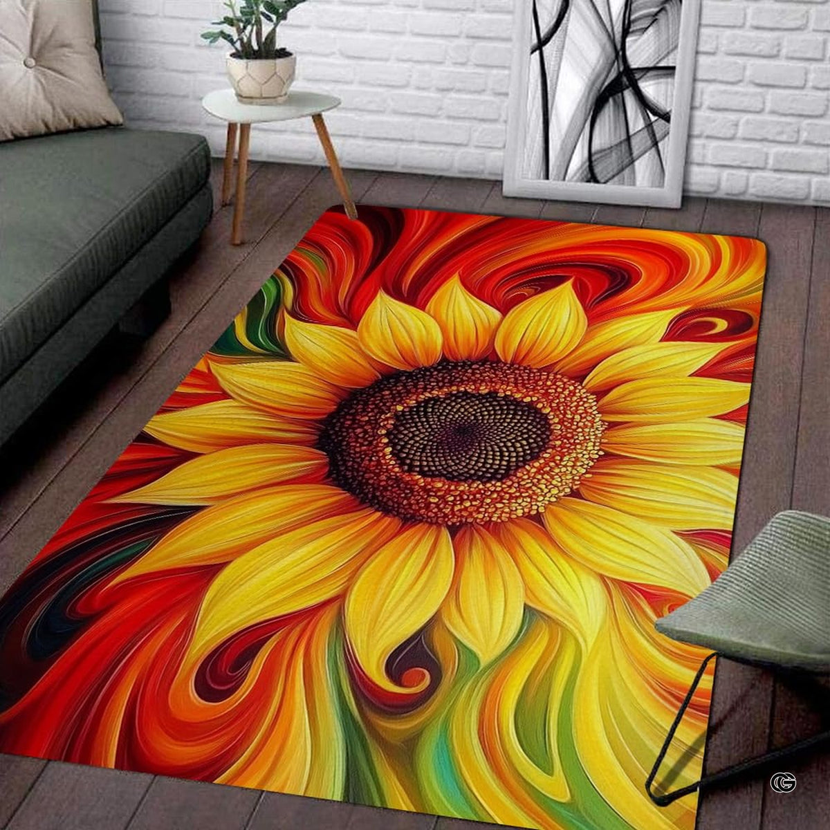Close-up detail of golden flower petals and painterly seed center on a yellow floral area rug. - image 2 of 7