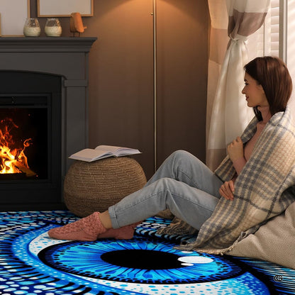 Cozy fireside reading nook with a person relaxing on the blue dotted nazar evil eye floor rug - thumbnail image 8 of 8