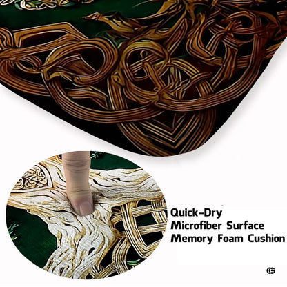 Fireside lounge setting with a person relaxing on the sacred oak Celtic tree rug - thumbnail image 5 of 8