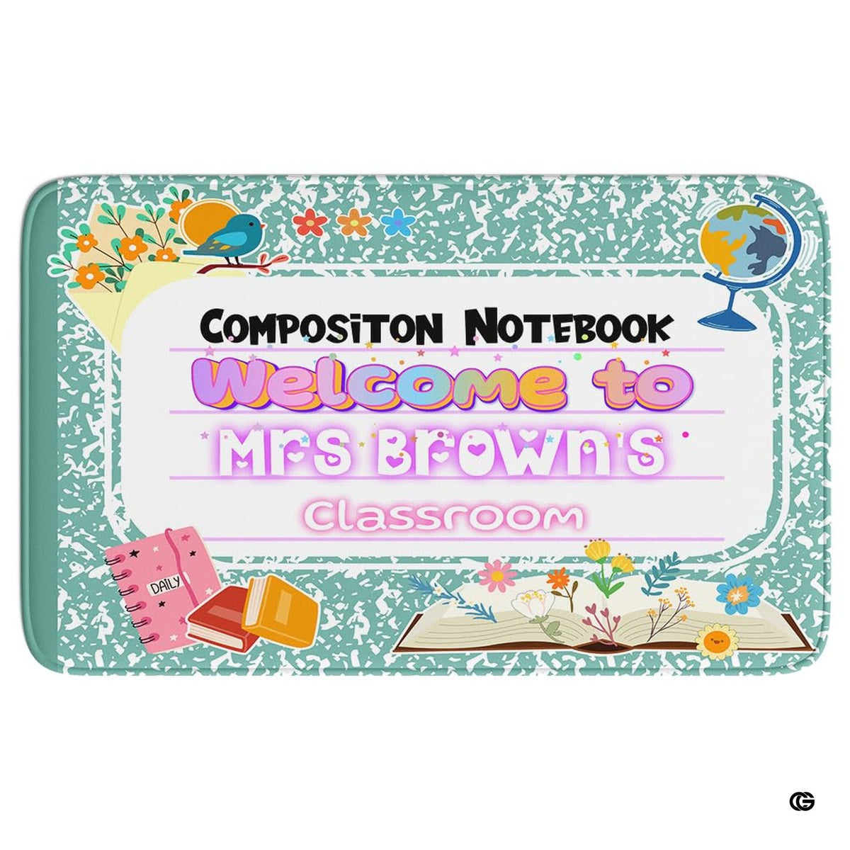 Green marbled composition notebook classroom area rug with welcome teacher banner and floral school motifs. (Angle 4) - image 4 of 8