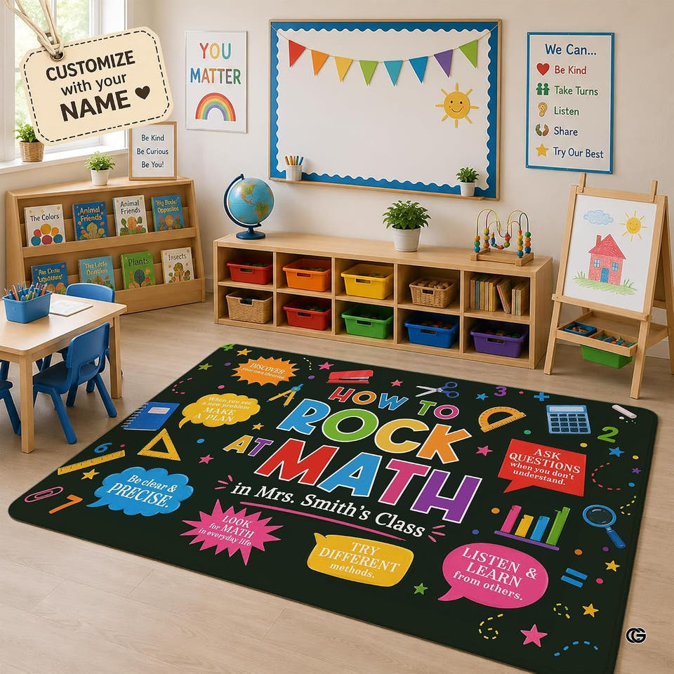 Full flat layout of chalkboard numeracy schoolroom area rug displaying speech callouts on dark ground