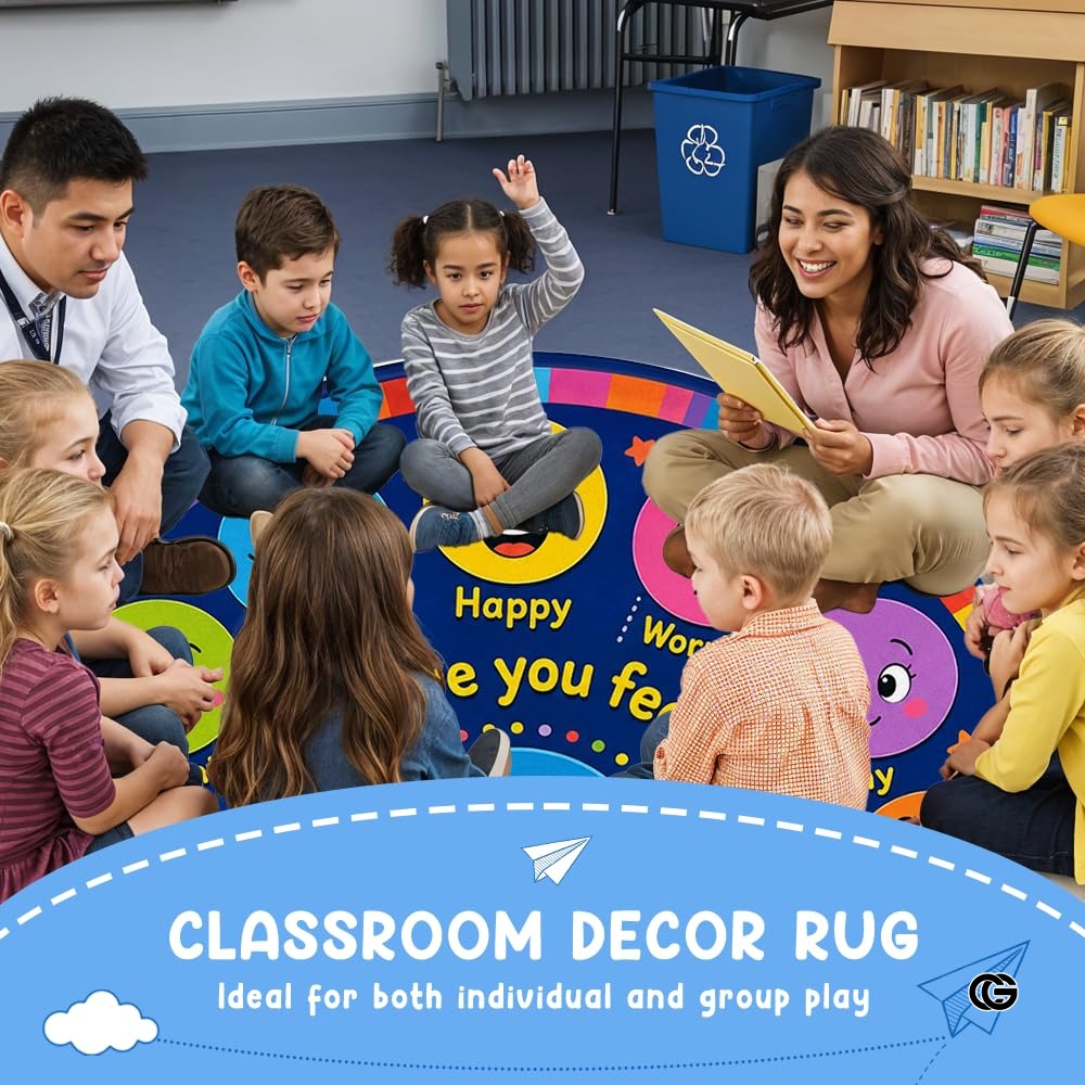 Wheel of Feelings and Emotions Round Rug, Educational Mental Health Rug for Classroom, Educational Animal Shape School Mat, Back to School Gift (Emotion 1)