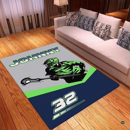 Lacrosse player in motion displayed on dynamic area rugs canada for modern sports room styling. - thumbnail image 2 of 8