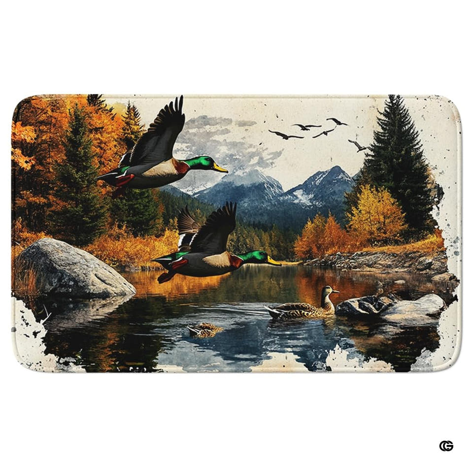 Scenic autumn lake area rug featuring mallard ducks in flight over calm water and golden trees.