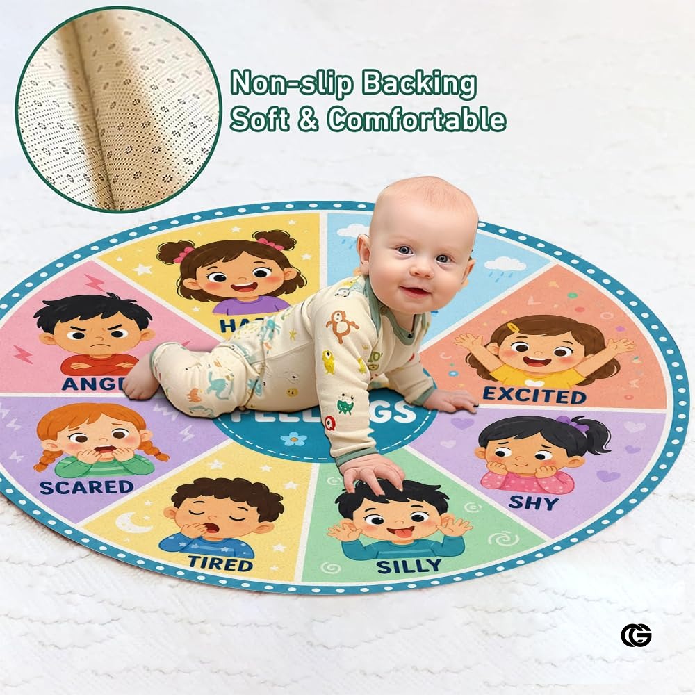 Wheel of Feelings and Emotions Round Rug, Educational Mental Health Rug for Classroom, Educational Animal Shape School Mat, Back to School Gift (Emotion 2)