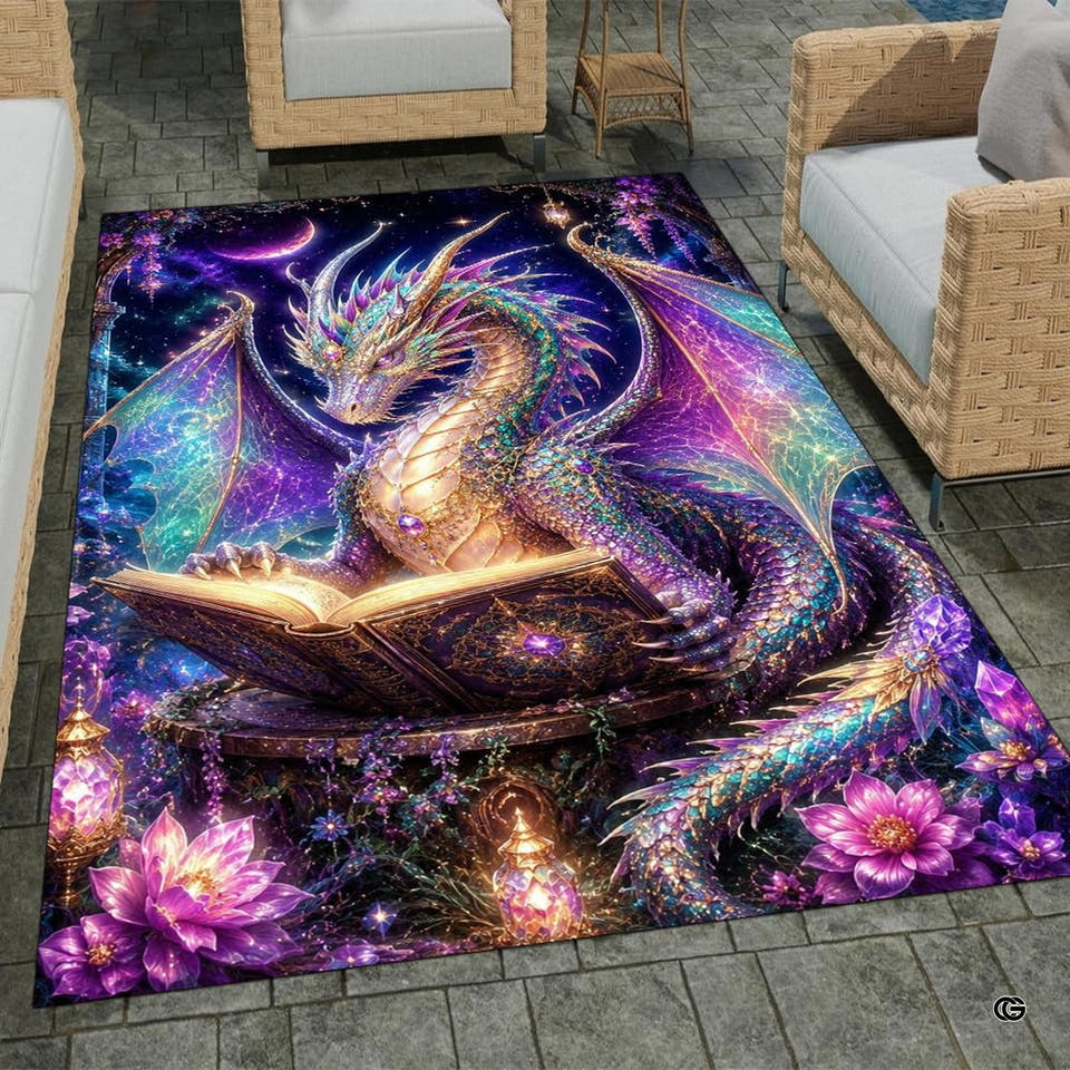 Celestial dragon scholar artwork area rug featuring illuminated spellbook and glowing crystal lanterns.