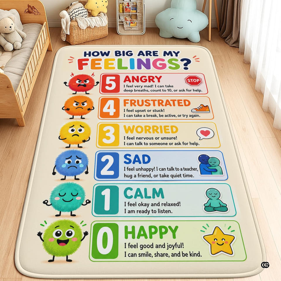 Educational thematic accent chart classroom area rug displayed on a light wood floor in an organized learning space.